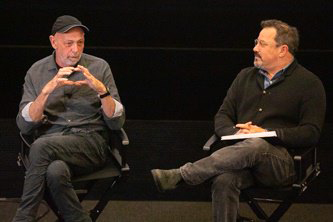 Celebrated cinematographer Stuart Dryburgh (left) offered a master class for students at the school on April 7 and served as a Filmmaker-in-Residence during the Spring 2022 semester. At right is Richard N. Gladstein, Executive Director for Brooklyn College’s Feirstein Graduate School of Cinema.