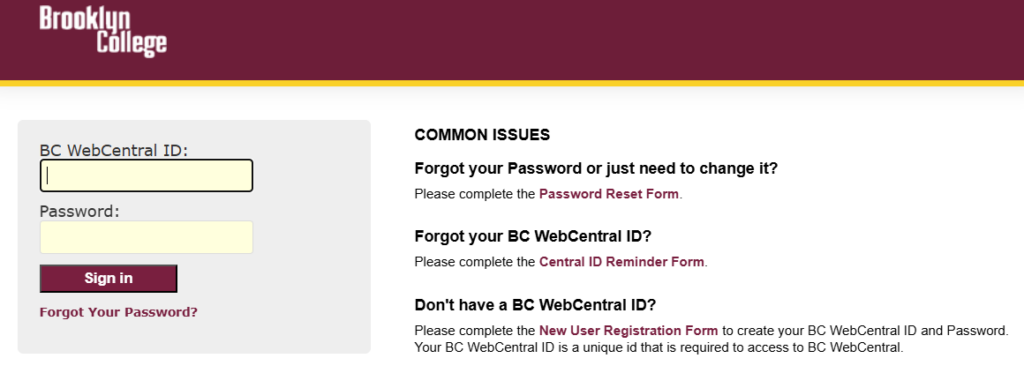 This is a screenshot of the BC Web Central Portal login screen/ It shows the fields for "BC Web Central ID:" and "Password" on the left side of the screen. On the right side it shows a list of common issues such as how to rest password and recall user ID.